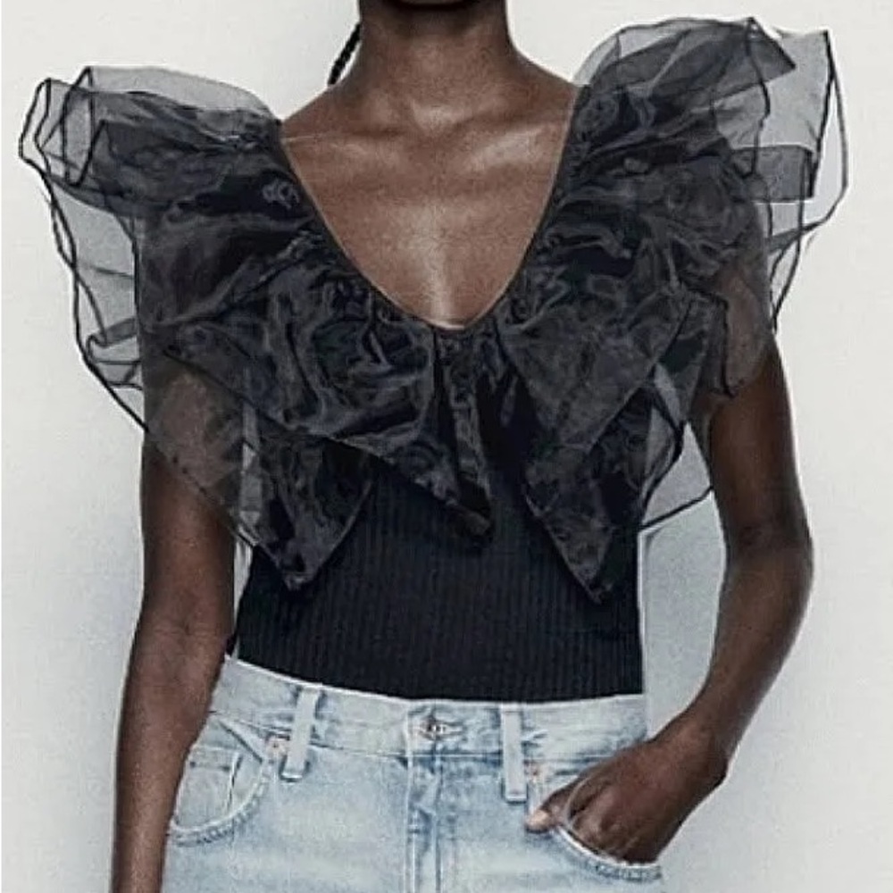 Zara Black Sheer Ruffle Bodysuit